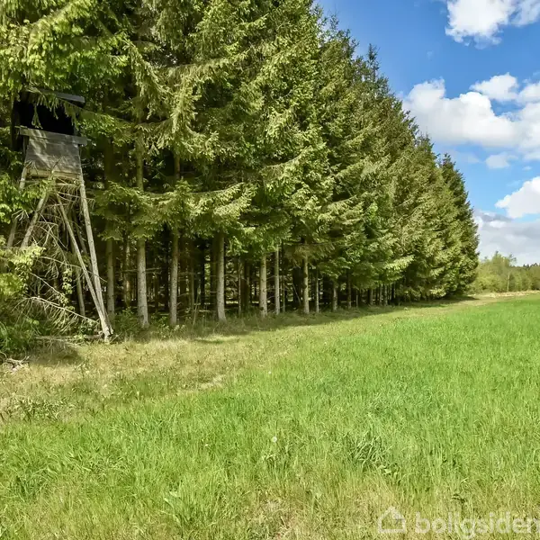 En gård med flere bygninger omgivet af grønne træer og marker. Et hus med mørkt tag, en større længe og en buet lade. Skov og marker ses i baggrunden.