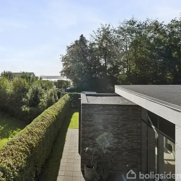 Et moderne hus med fladt tag ligger i grønne omgivelser. Hækken danner en grænse til en velplejet græsplæne, mens der er træer i baggrunden under en klar, blå himmel.