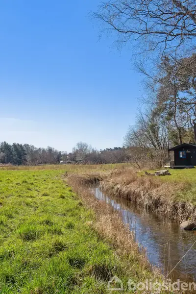 En lille bæk strømmer gennem en græsmark. Ved siden af står et skur omgivet af træer og buske under en klar blå himmel.