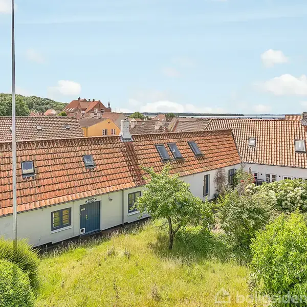 Et hus med rødt tegltag og flere ovenlysvinduer, omgivet af en grøn have med buske og træer, beliggende i en landsby med andre farverige huse i baggrunden.