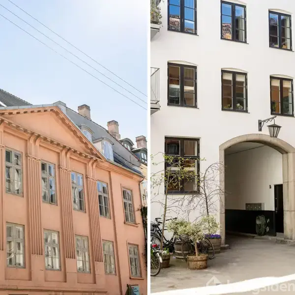 To bygninger ved siden af hinanden. Den til venstre er gammel med orange facade og vinduer i rækker. Den til højre er moderne med hvide vægge, altaner og dekoreret gårdhave.