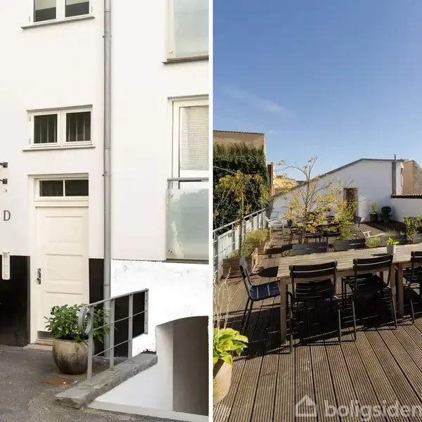 Venstre billede viser en hvid bygning med en dør markeret "D," omgivet af store blomsterpotter. Højre billede viser en stor træterrasse med borde, stole og planter under en klar blå himmel.