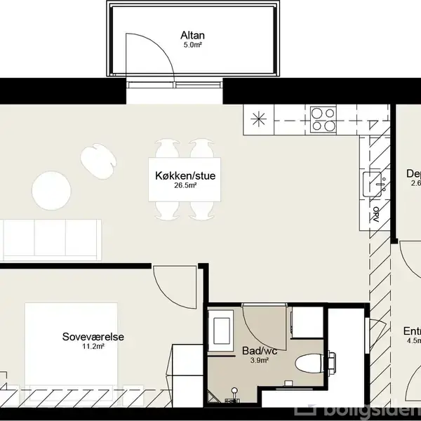 Plantegning viser en lejlighed med køkken/stue (26,5 m²) med spisebord, soveværelse (11,2 m²), bad/wc (3,9 m²), entre (4,5 m²) og depot (2,6 m²). Dørmarkeringer er inkluderet.