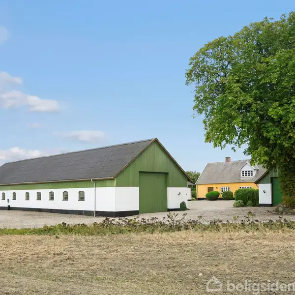 En hvid og grøn landbrugsbygning står ved siden af et stort træ, med en gul villa i baggrunden. De er omgivet af åben mark og en grusvej under blå himmel.