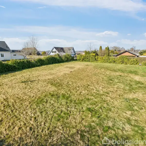 En stor, åben græsplæne placeret i et boligområde med flere huse i baggrunden. Græsset er ujævnt og omgivet af buske og hegn under en blå himmel.