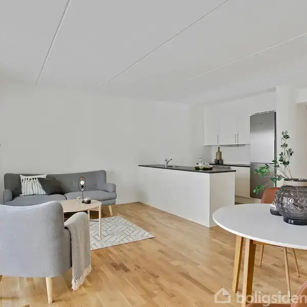 Stue med sofa og lænestol står omkring et sofabord. Køkkenø i baggrunden med komfur og stole. Trægulv og lyse vægge skaber en moderne og lys atmosfære.