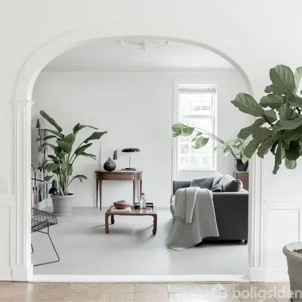 En stue med en grå sofa, dækket af et tæppe, står foran et vindue. Rummet er lyst og indrettet med grønne planter og et træbord.