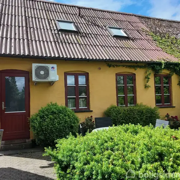 Gult hus med rødt tegltag, tre vinduer, og luftpumpe. Huset er omkranset af grønne planter og buske i en solrig have.