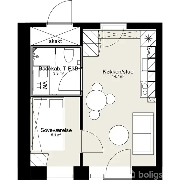 Plantegning viser en lille lejlighed med tre rum: Køkke/stue (14.7 m²) indeholdende et spiseområde, et soveværelse (5.1 m²) og et badeværelse (3.3 m²) med mærket "Badekab. T E3B".
