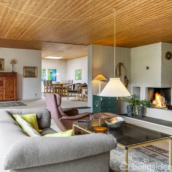 En stue med en grå sofa foran en pejs, hvor der brænder ild. Et sofabord står foran sofaen, og en gulvlampe lyser rummet. I baggrunden ses et spisebord og en skænk. Rummet har træloft og tæpper.