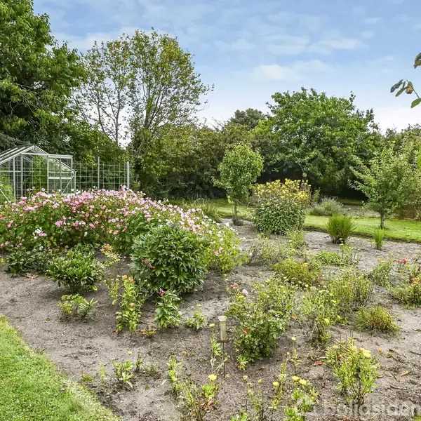 Et blomsterbed fyldt med blomster og buske vokser i en velplejet have med frodig græs og træer. Til venstre ses et drivhus og en plæneklipper.