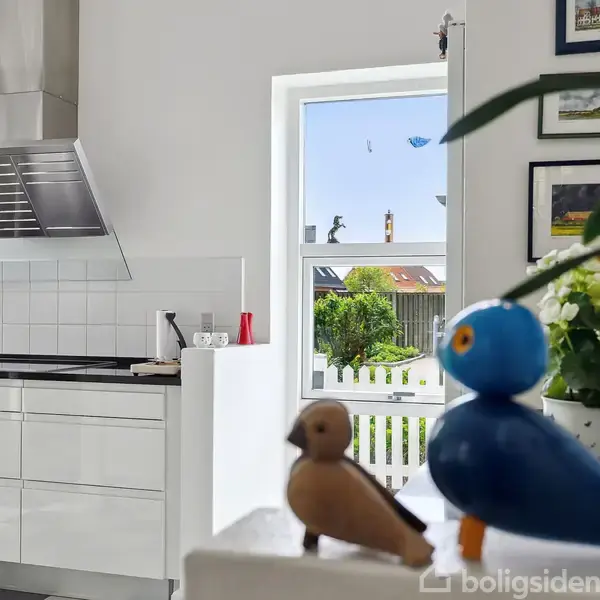 To træfugle står på en hylde i et lyst køkken med hvidt interiør. Udendørs ses en have gennem et vindue, og der er planter samt indrammede billeder på væggen.