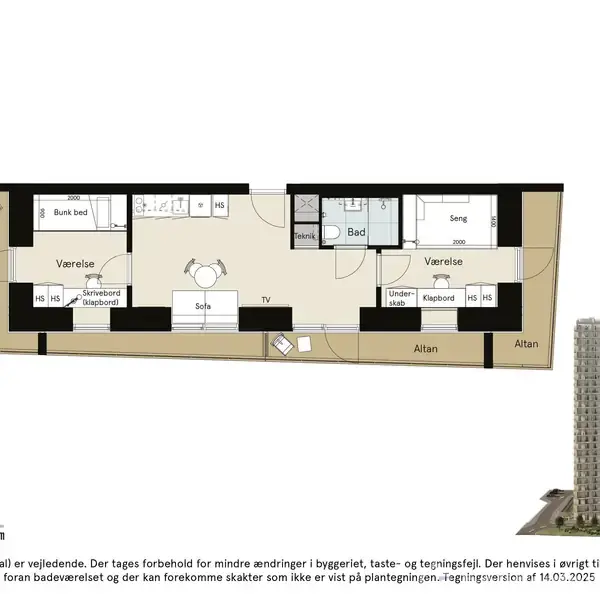 Plantegning af lejlighedstype E, 80 m², viser to værelser, køkken/alrum med spisebord, TV, og altan. Tekst inkluderer noter om mål og arealer. Bygningsbillede af højhus vises nederst til højre.