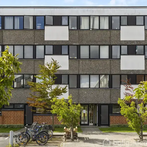 En fire-etagers bygning står i et boligområde med træer foran. Cykler er parkeret langs fortovet. Bygningen har et moderne design med skiftende farverige paneler og store vinduer.