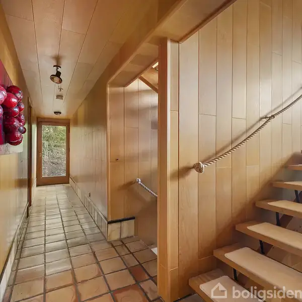 Trappe med tovejs design fører opad, med lyse træpaneler langs væggene. Klinkegulv strækker sig ned ad en gang mod en glasdør. Rødt kunstværk hænger på væggen.