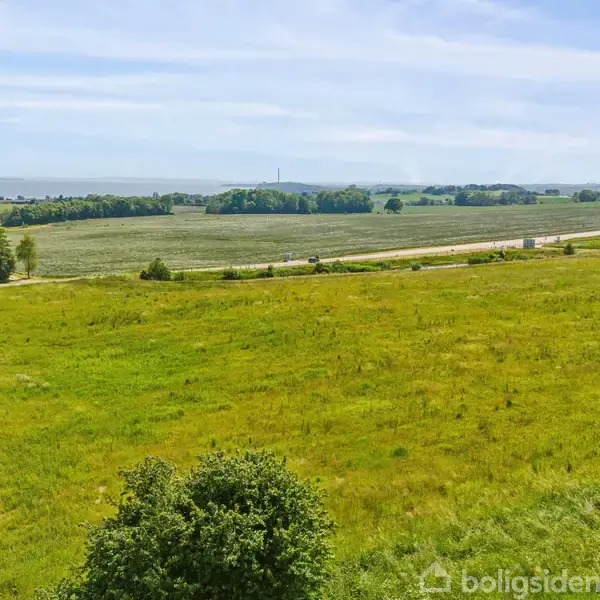 En stor, åben mark strækker sig mod horisonten med en vej, der løber parallelt. Træer omkranser marken, og himlen er overskyet med blå striber.
