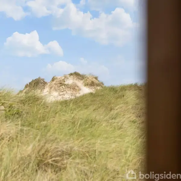 Græsbeklædte klitter står stille i en solrig kystlandskabsmiljø, set gennem en åbning, med blå himmel og spredte skyer i baggrunden.