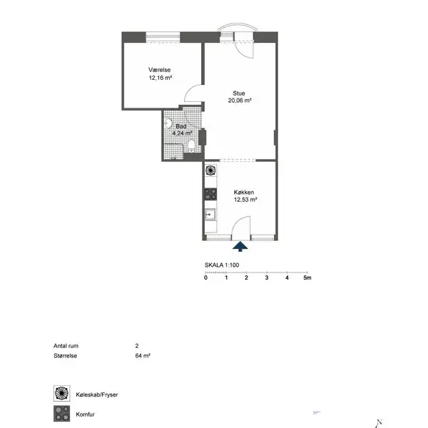 Plantegning viser en lejlighed med stue (20,06 m²), badeværelse (2,41 m²), køkken (12,53 m²), og et værelse (12,16 m²). Skala er 1:100. Tekst: "Antal rum: 2" og "Størrelse: 64 m²".
