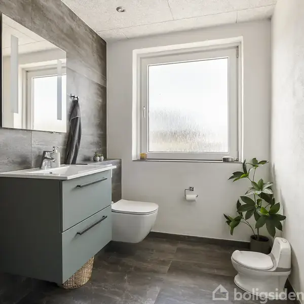 Vaskeskab og spejl hænger over en håndvask; et moderne, renoveret toiletrum med grå fliser og stor vindue, lille plante ved toilet; minimalistisk stil uden tekst.