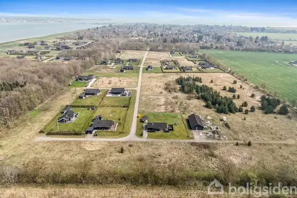 Flere moderne huse står arrangeret omkring veje på en åben, landlig mark. Omgivet af træer og marker i baggrunden, med vand i det fjerne, skaber en rolig atmosfære.