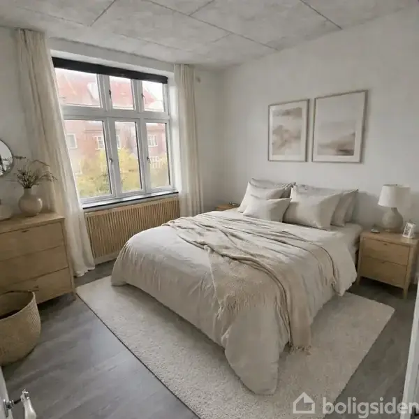 Soveværelse med en stor seng dækket med beige sengetøj og puder. To rammede billeder hænger over sengen. Rummet er lyst med et stort vindue og lyse træmøbler.