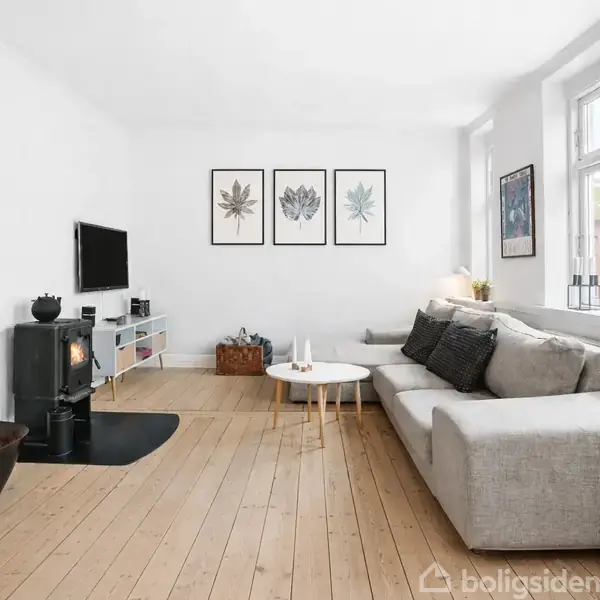 En stue med en grå sofa og sort pejseovn til venstre. Et kaffebord står foran sofaen. Væggene har tre rammebilleder af blade. Tv'et hænger ved siden af pejsen.