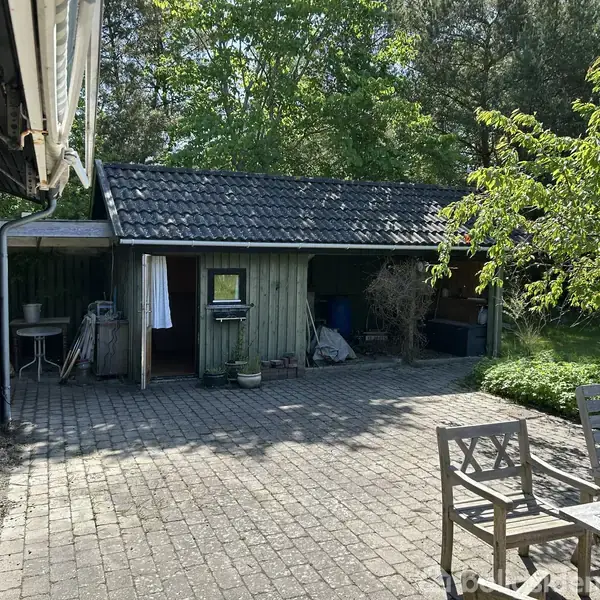 En terrasse med et bord og stole står foran en grøn træbygning med skur under et tegltag. Sollyset filtrerer gennem de omkringliggende træer, skaber en lys og fredfyldt atmosfære.