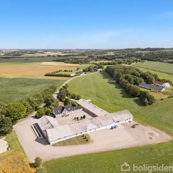 Luftfoto af en gård med lange, lyse bygninger omgivet af åbne marker og spredte træer under en klar blå himmel. Ingen tekst fundet.