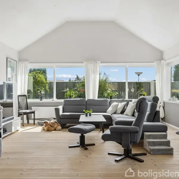 En lys stue med moderne grå sofa, sort lænestol og skammel; høje vinduer bagved viser en have. Tæpper, planter og et kattetræ giver en indbydende atmosfære.