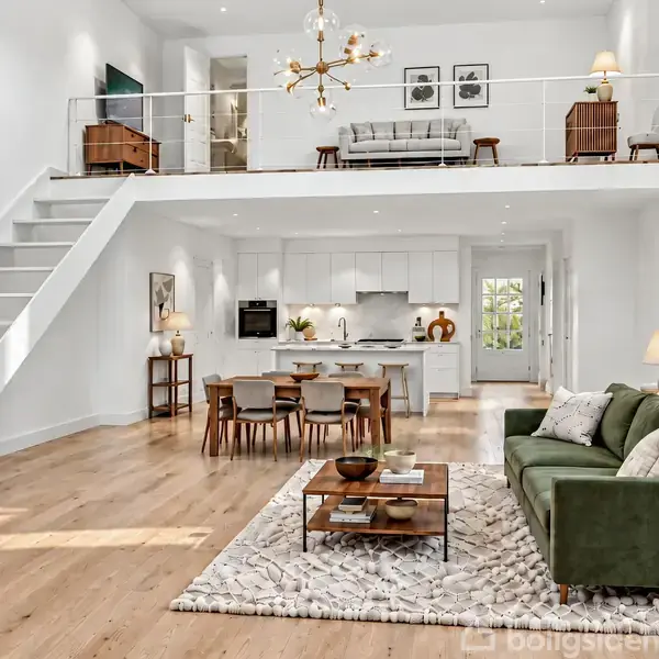 En moderne, lys stue med grøn sofa og sofabord på tæppe. Overetage med altan, sofa og billeder. Trapper til venstre, køkken i baggrunden. Ingen tekst.