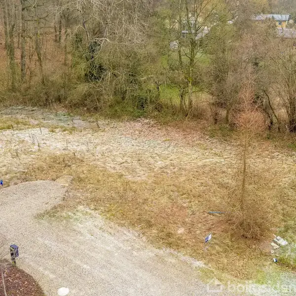 Grusbelagt indkørsel fører til en tom grund omgivet af træer. Græs og sparsom vegetation dækker området. Et hus kan delvist ses til højre.