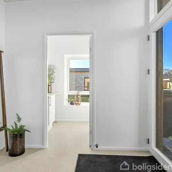 En lys entré med en stor dør til højre fører ind i et rum. En plante står i et hjørne. I baggrunden ses et rum med vindue ud til en terrasse.