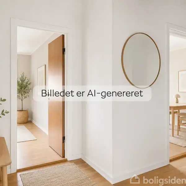 En lys gang med trægulv, hvor der hænger et rundt spejl på væggen. Der er to åbne døre, den ene til en stue. Tekst: "Billedet er AI-genereret".