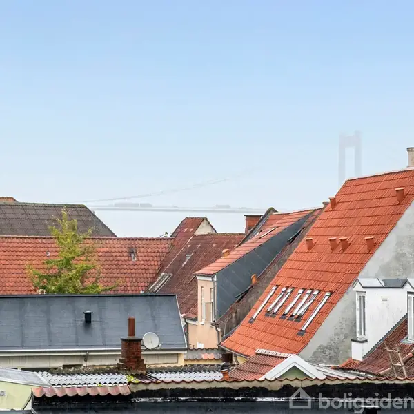 Røde tegltage danner et tæt bymiljø, hvor hustage varierer i form og højde. Klar blå himmel ses i baggrunden, og nogle trætoppe stikker frem blandt bygningerne.