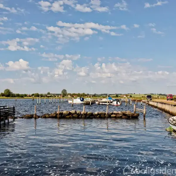 Seng med ternet sengetøj står i et soveværelse, omgivet af kunstmaleri på væggen, et indbygget skab og et stort spejl. To vinduer giver udsyn til det grønne udenfor.