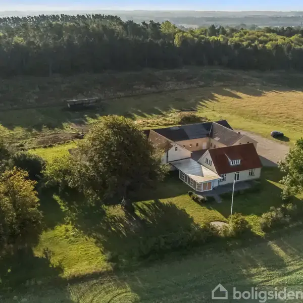 Et hus med en rød tag udfolder sig stille i et grønt landskab, omgivet af træer og marker, mens solen skinner gennem skoven i baggrunden.