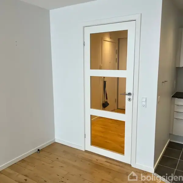 En hvid dør med tre glassruder står åben, afslører en gang med trægulv. Til højre ses et hjørne af et køkken med skabe.