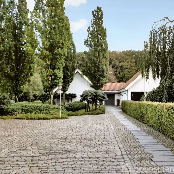 Hus omringet af grønne træer og buske står ved enden af en brostensbelagt vej. Hækken på højre side indrammer den stille, landlige indkørsel.