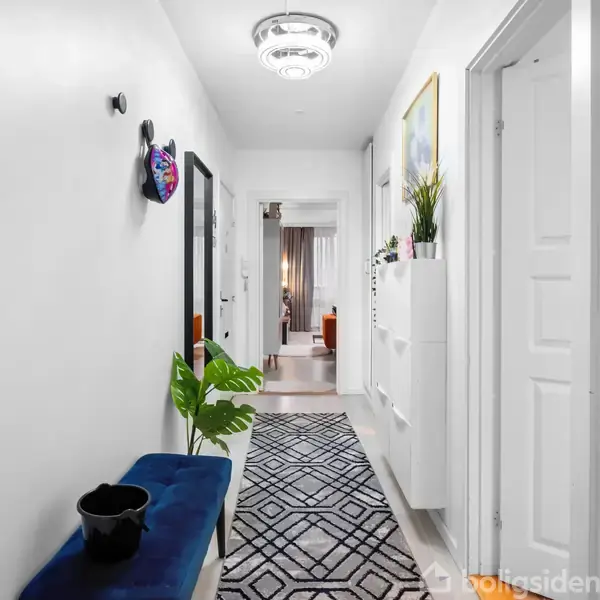 En smalt gangareal med en blå bænk til venstre og en sort-hvid løber på gulvet, planter og billeder på væggene, der fører til et rum med gardiner og møbler.