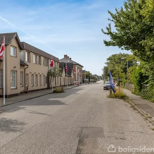 En stille vej med huse langs siden viser flag pyntet foran bygningerne. Træer og buske grænser op til fortovet i et roligt kvarter.