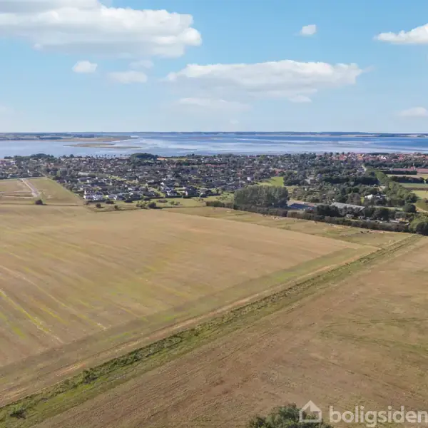 En stor, åben mark strækker sig mod horisonten. I baggrunden er der en vej og en række træer, mens en landsby og en sø kan skimtes. Ingen tekst.