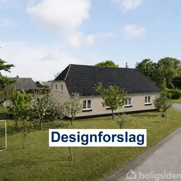Et enfamiliehus med sort tag står stille i en frodig have. I forgrunden står teksten "Designforslag." Veje og træer omgiver huset, hvilket indikerer et boligområde.