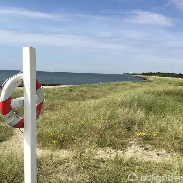 En redningskrans hænger på en hvid pæl ved en strandsti. Baggrunden viser havet og en kystlinje med en grøn mark, og enkelte gulblomstrende planter.