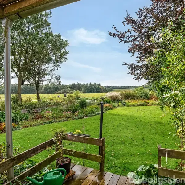 En lille veranda har grønne vandkander og planter, dækker en frodig have med græsplæne og blomsterbede, omgivet af åbne marker og træer under en blå himmel.