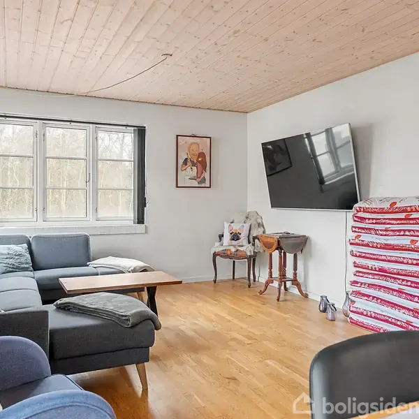 En stue med en stor, grå hjørnesofa og et træsofaborod. En fladskærms-TV hænger på væggen overfor, og der er en brændeovn i hjørnet med træstakke ved siden af.