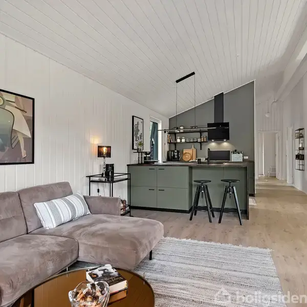 Brun sofa står i stuen med to puder, foran et rundt bord med bøger. I baggrunden ses et moderne køkken med barstole og vægkunst på hvide panelvægge.