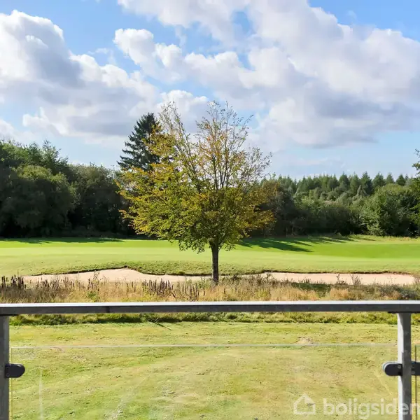 Et ensomt træ står på en golfbane, omgivet af græs og sandbunkere. I forgrunden ses et glasrækværk, og i baggrunden er der skove under en blå himmel med skyer.