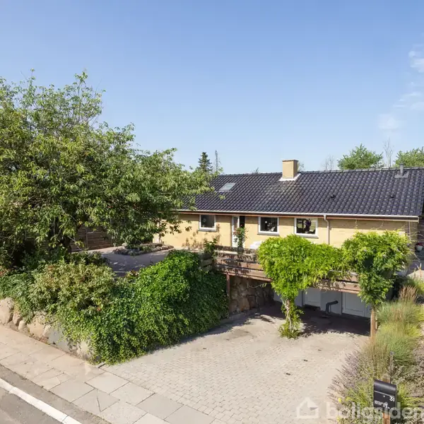 En gul villa med sort tag står omgivet af grønne planter og træer ved en brolagt indkørsel i et roligt villakvarter. Klar blå himmel i baggrunden.