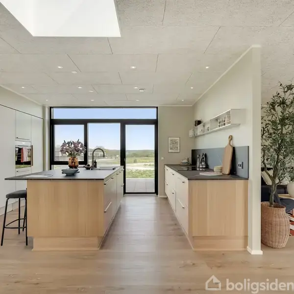 Køkken med køkkenø er center, omgivet af lyse skabe og vindue med udsigt til natur. I baggrunden ses en stue med træplante og mønstrede tæppe i moderne indretning.