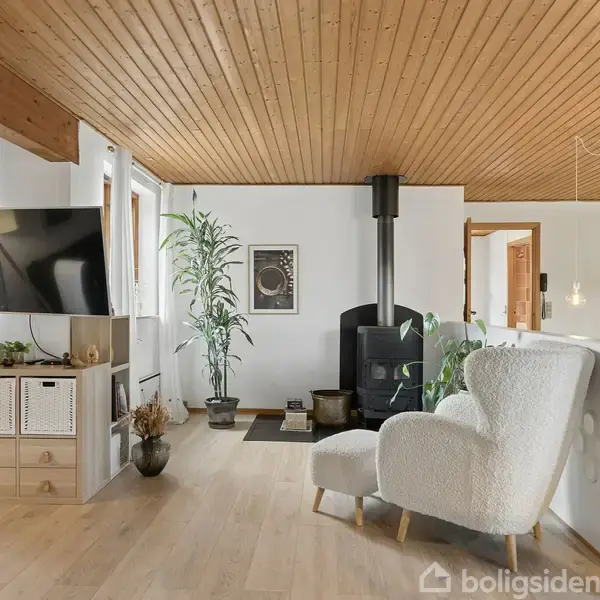 TV hænger på væggen, visende mod en hyggelig stue med en brændeovn og en hvid lænestol. Plante og trægulv giver en varm atmosfære.